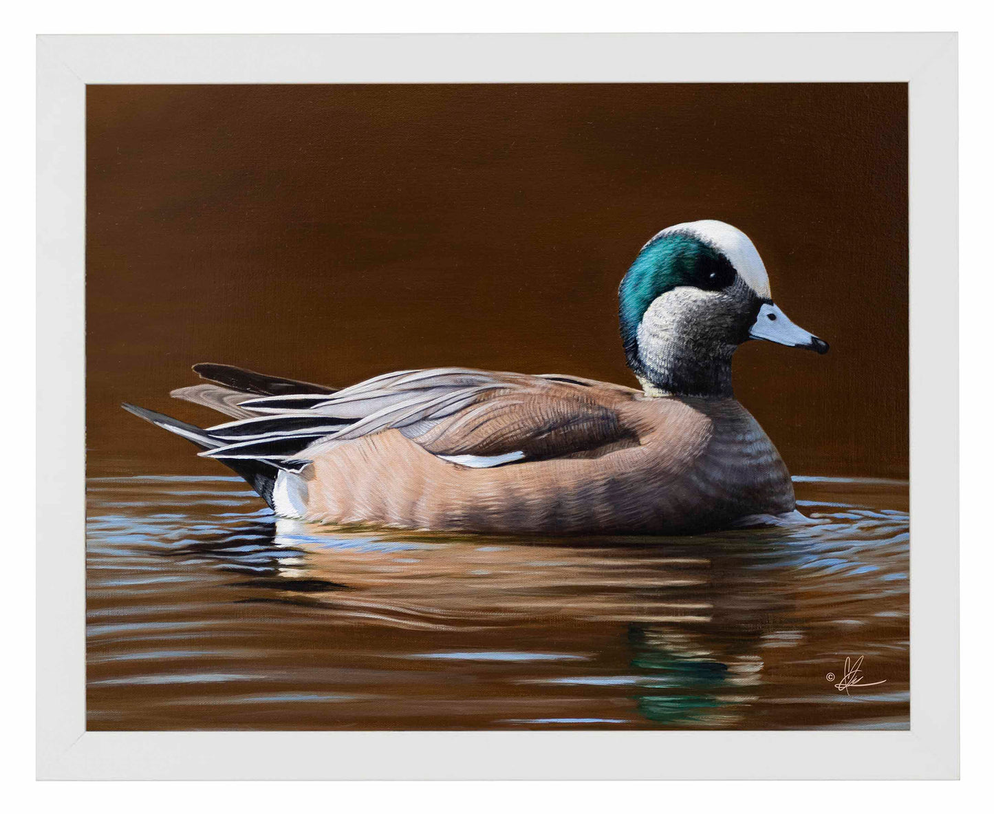 Framed painting of a swimming duck in the river