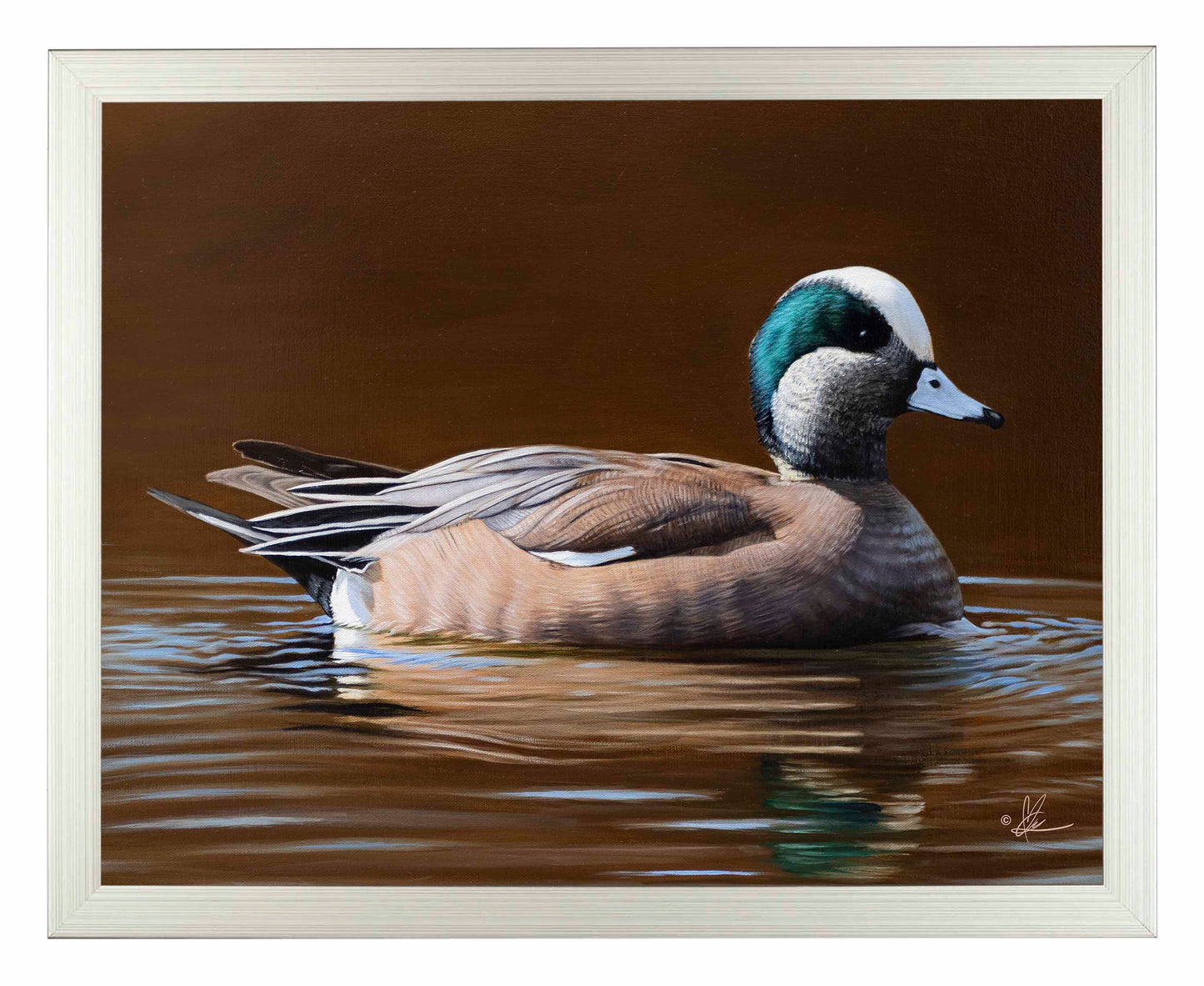 Framed painting of a swimming duck in the river
