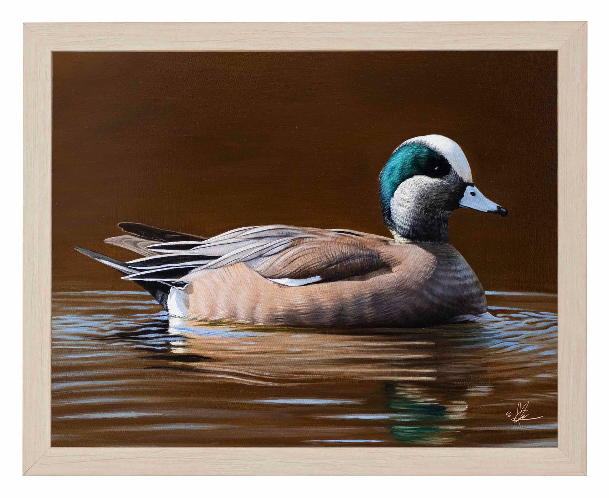 Framed painting of a swimming duck in the river