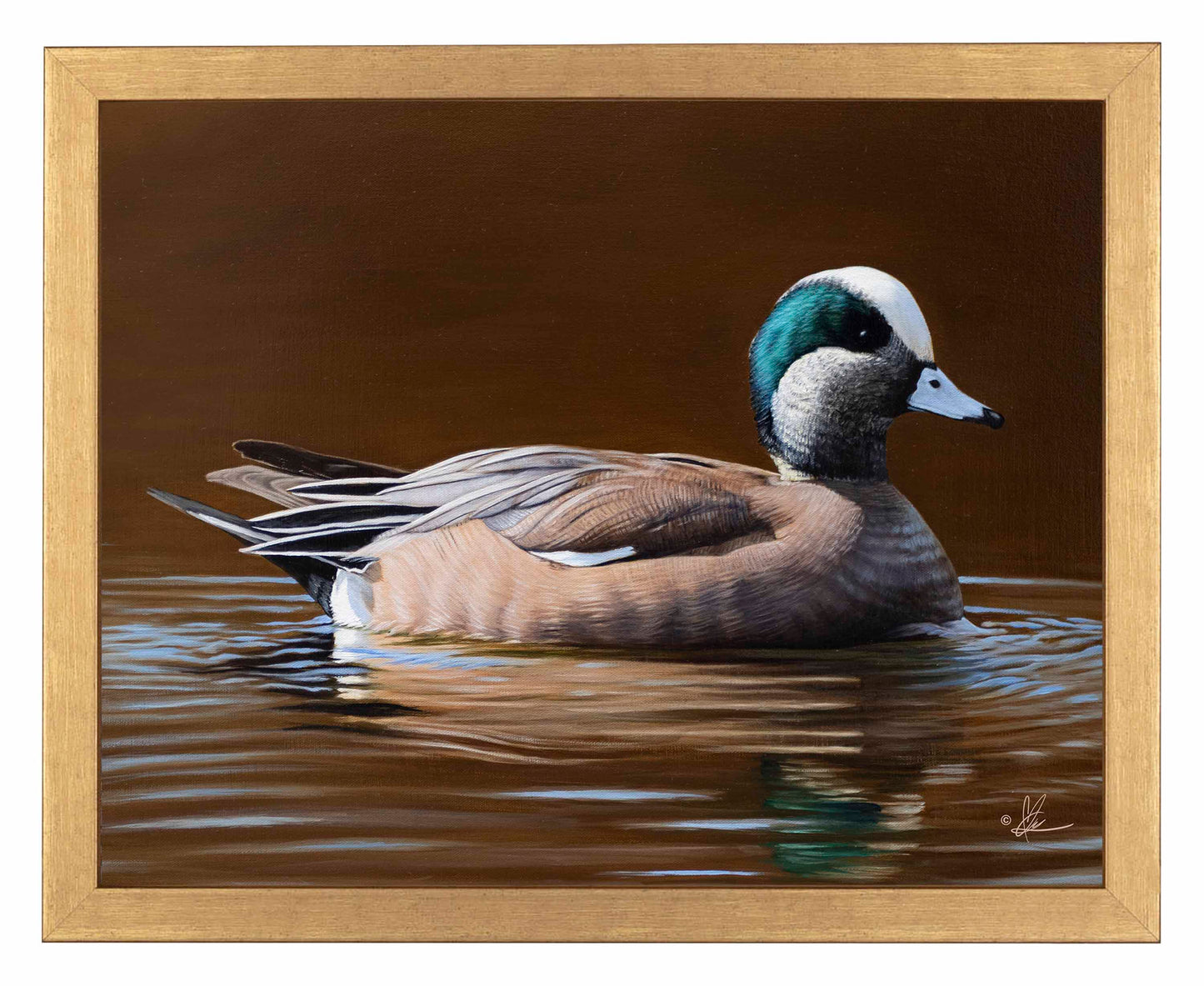 Framed painting of a swimming duck in the river