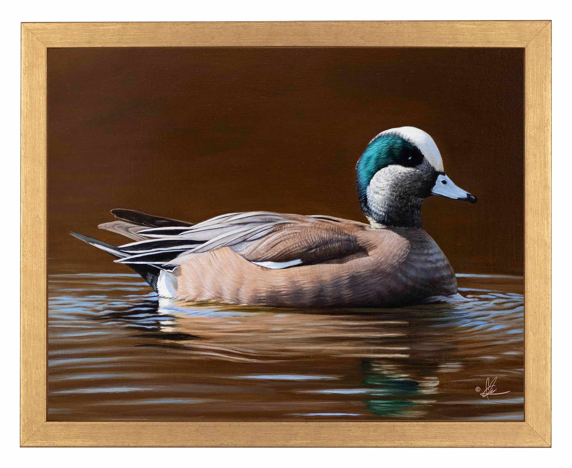 Framed painting of a swimming duck in the river
