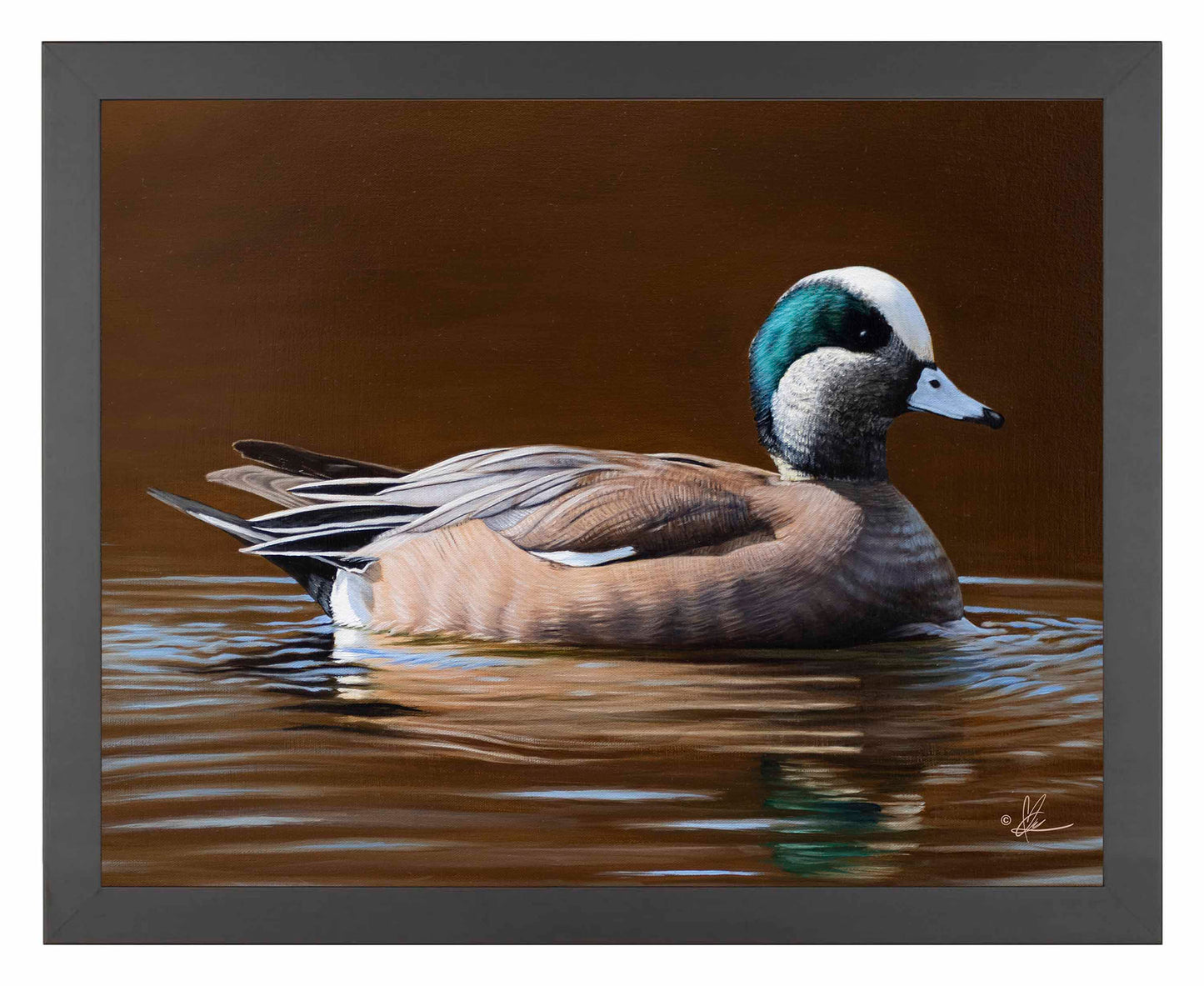 Framed painting of a swimming duck in the river