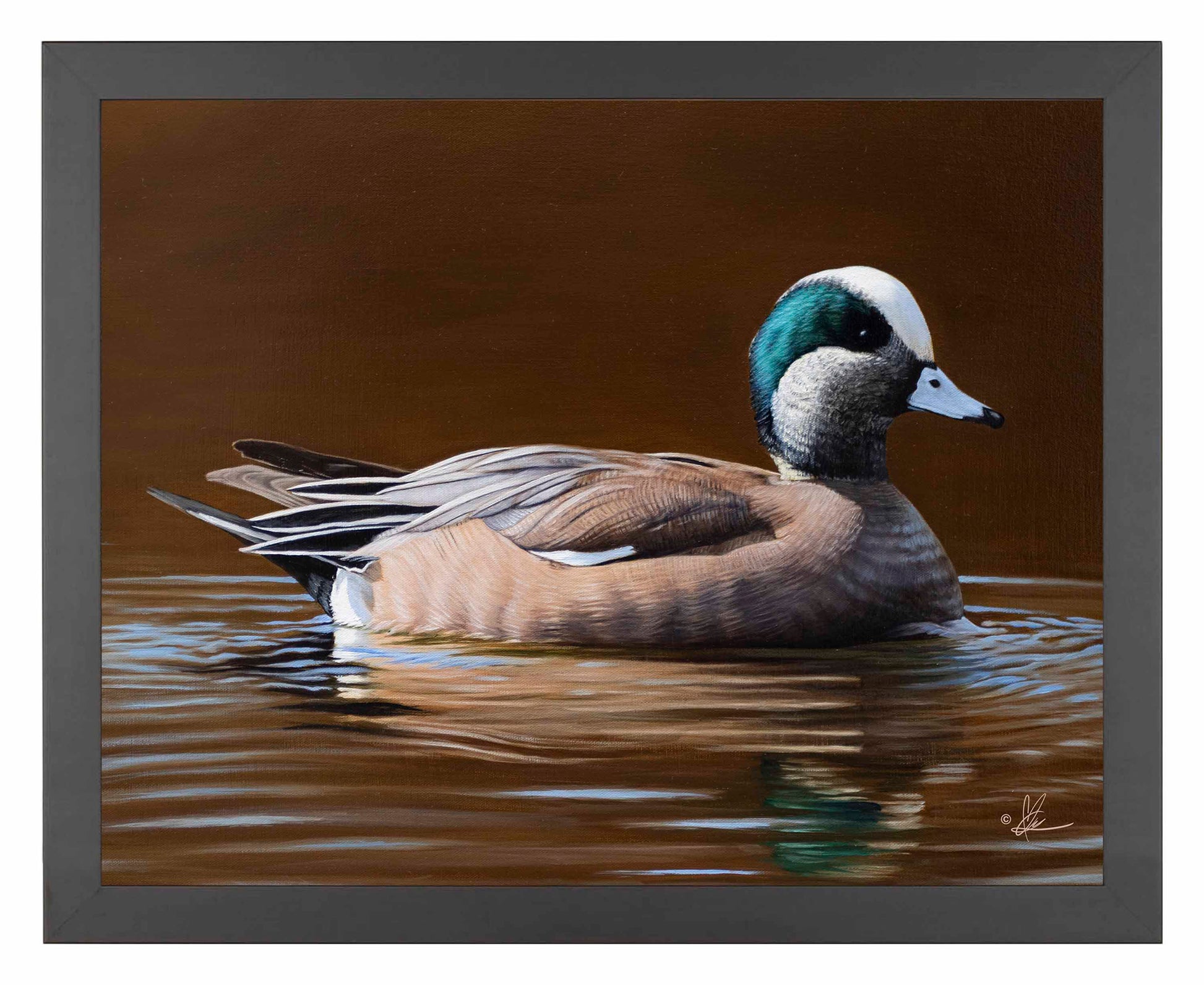 Framed painting of a swimming duck in the river