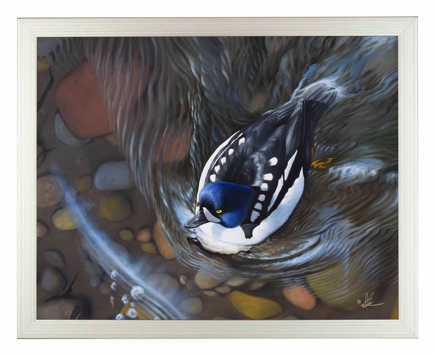 Framed painting of a swimming bird in the river
