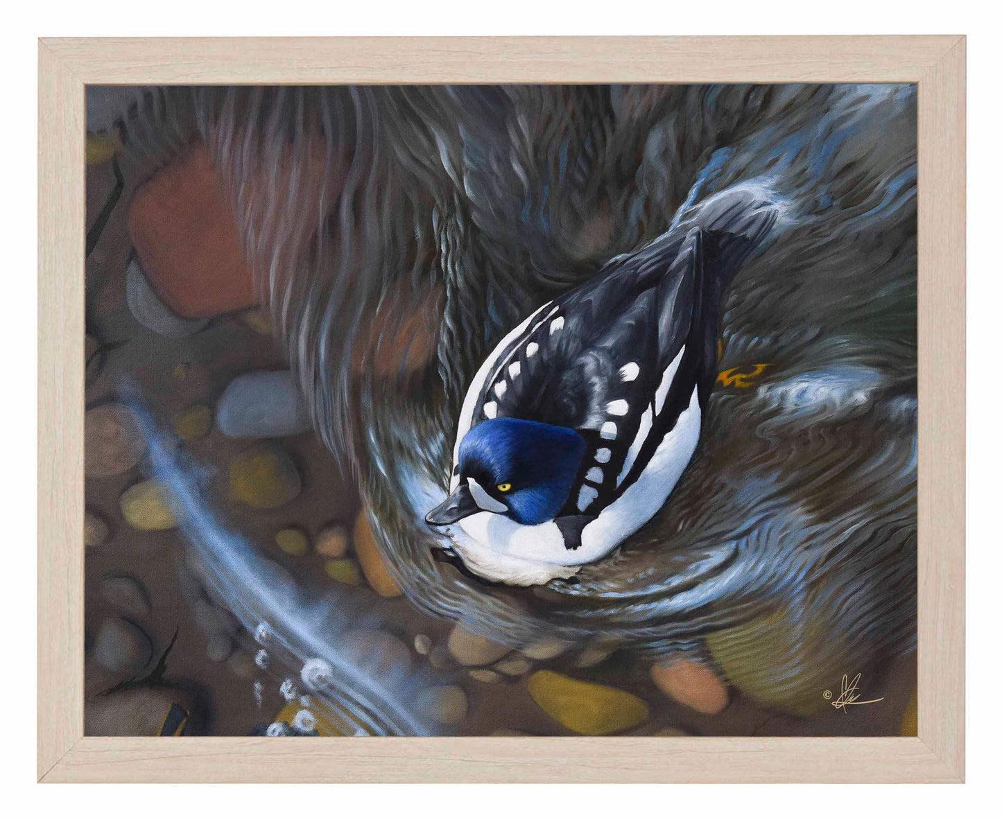 Framed painting of a swimming bird in the river