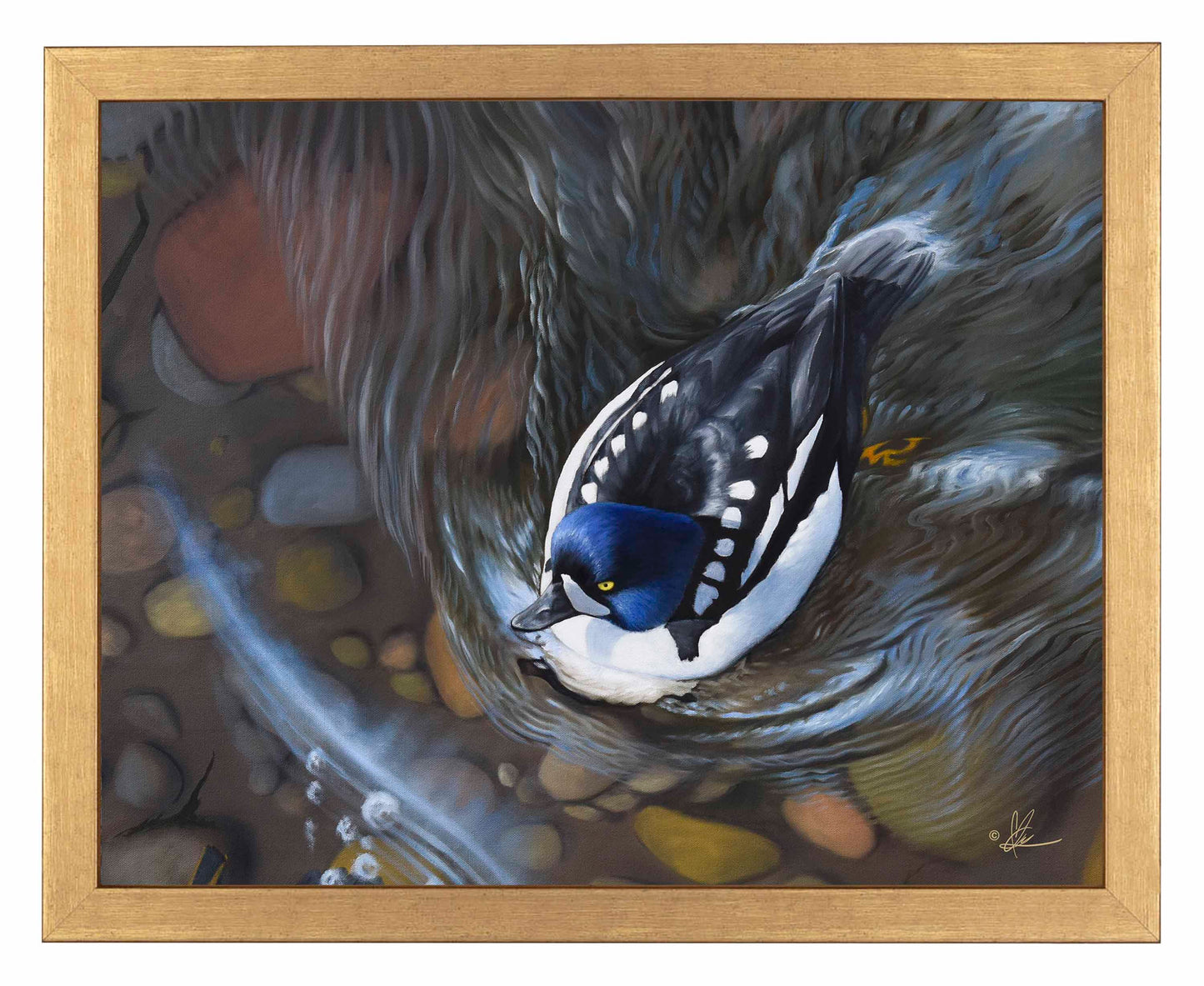 Framed painting of a swimming bird in the river