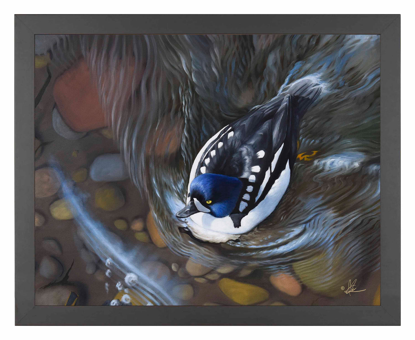 Framed painting of a swimming bird in the river