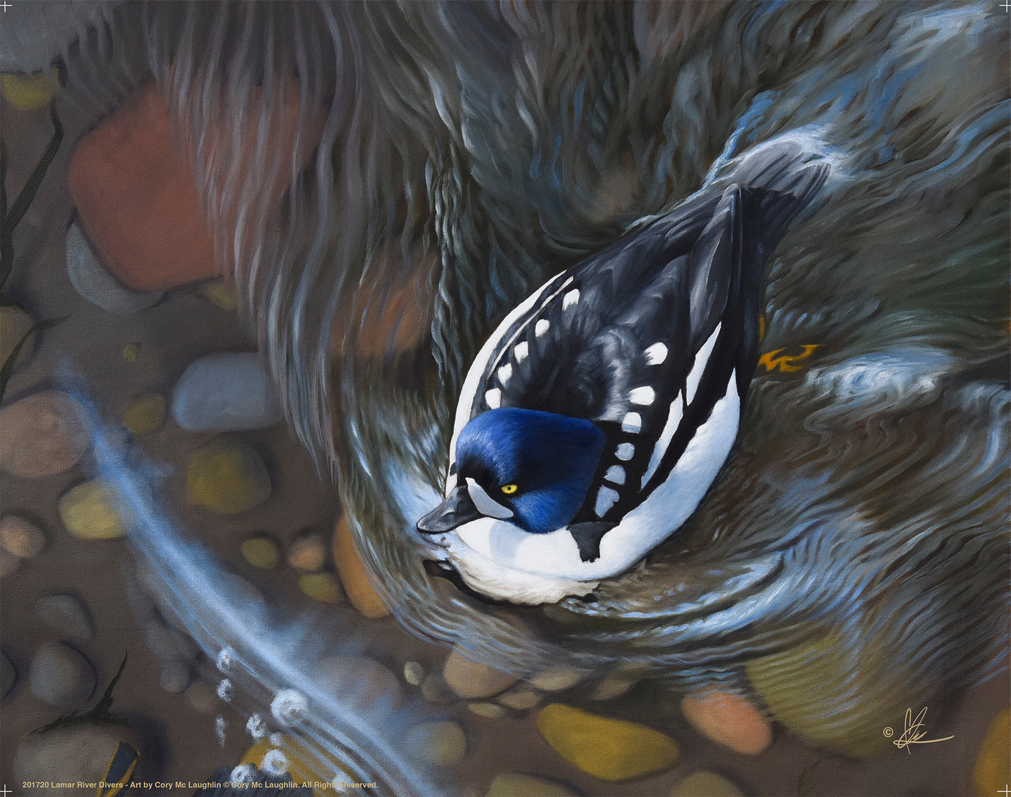 Painting of a swimming bird in the river