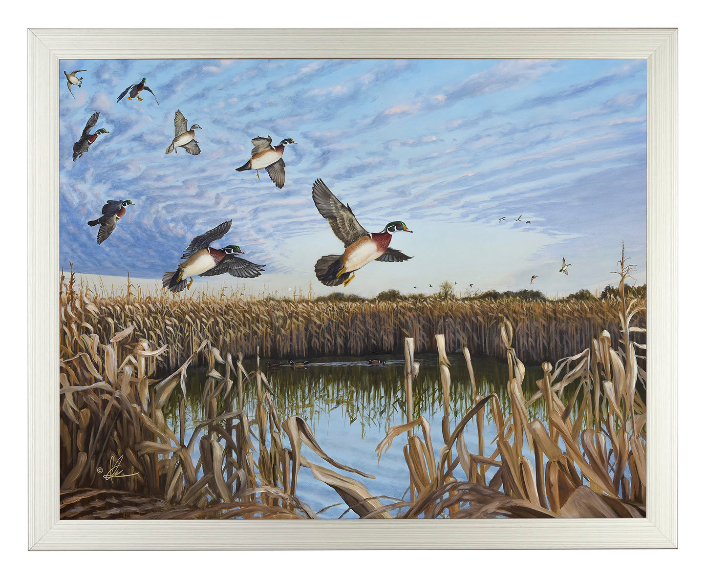 Framed painting with flying birds