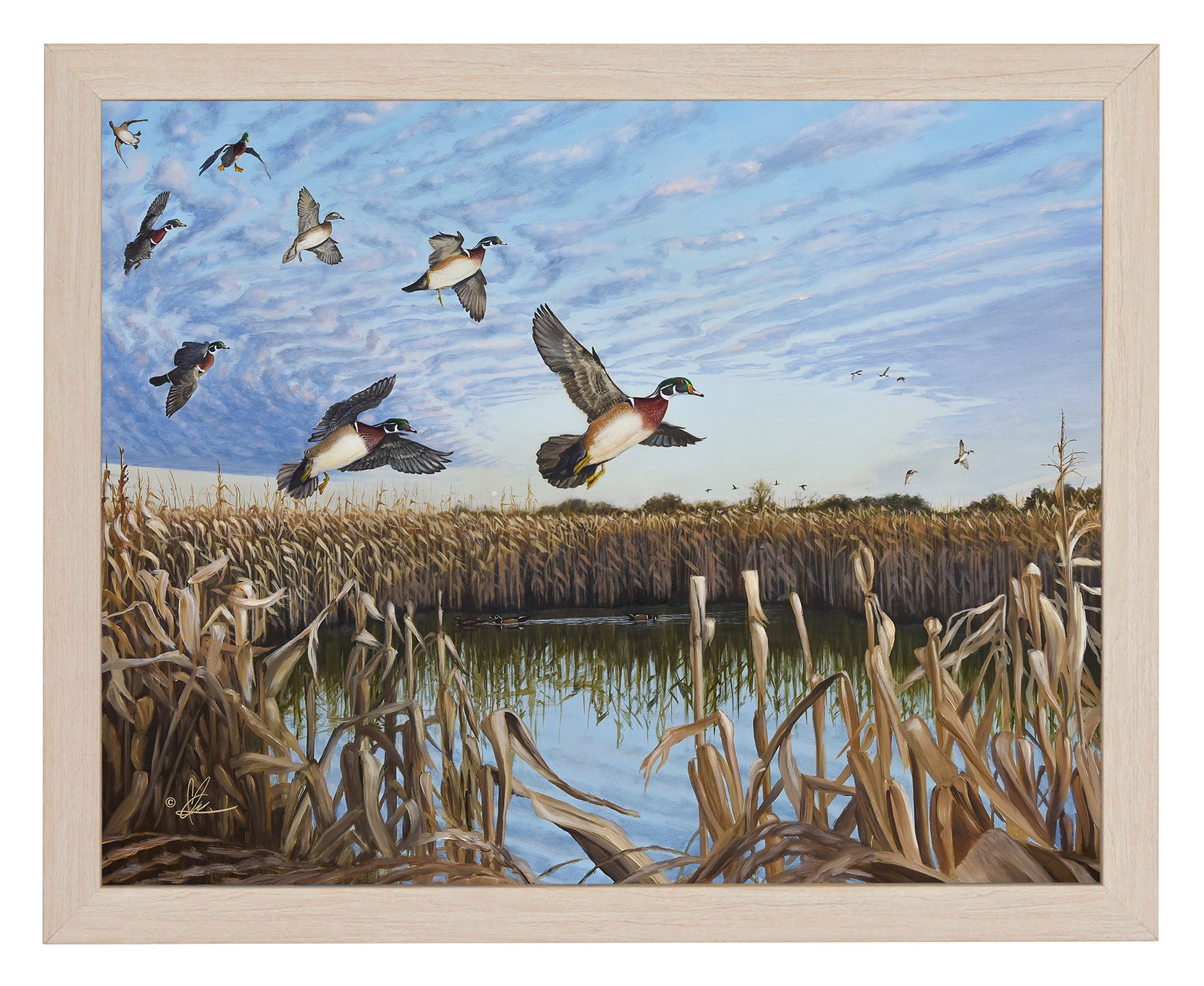 Framed painting with flying birds