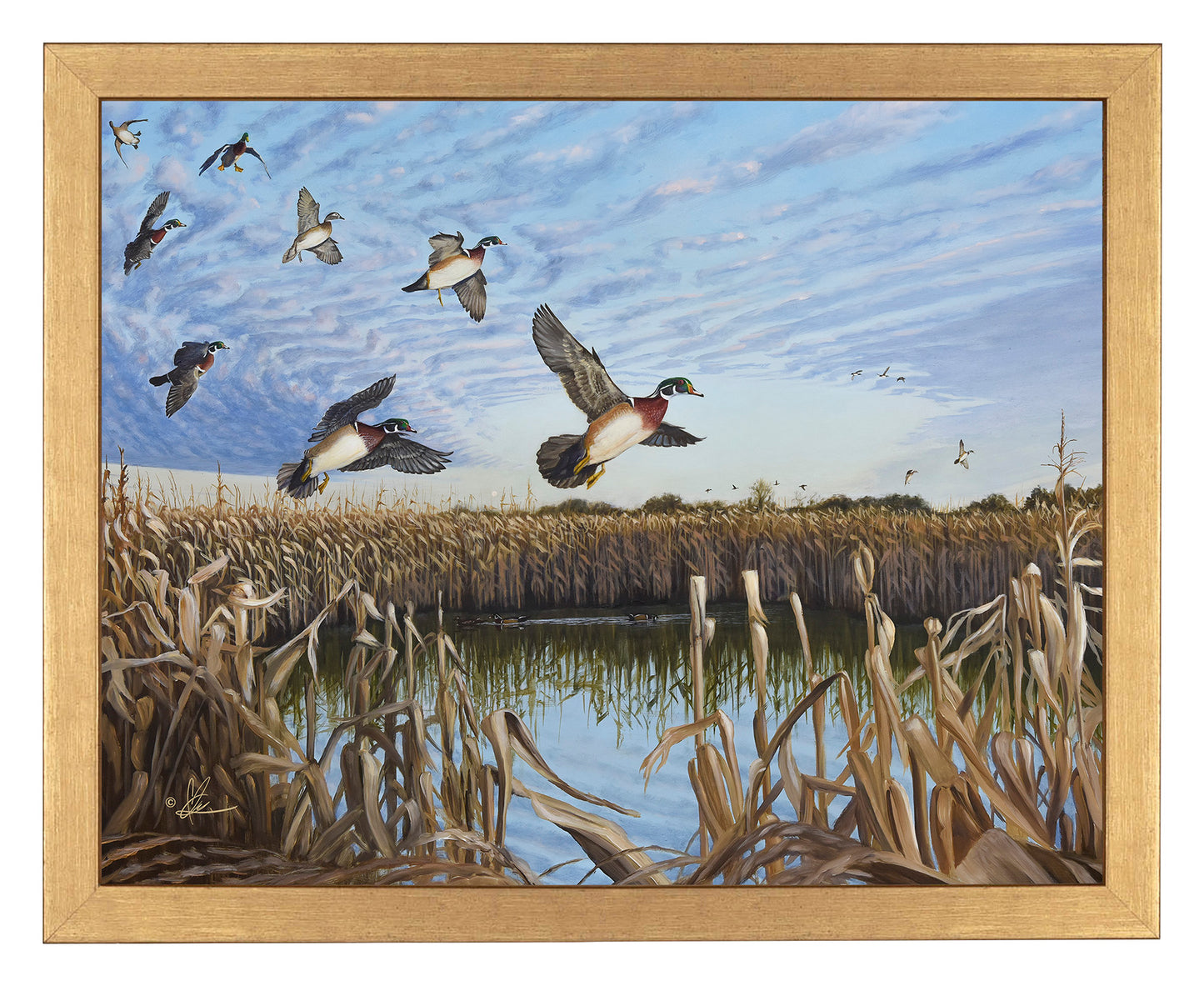Framed painting with flying birds