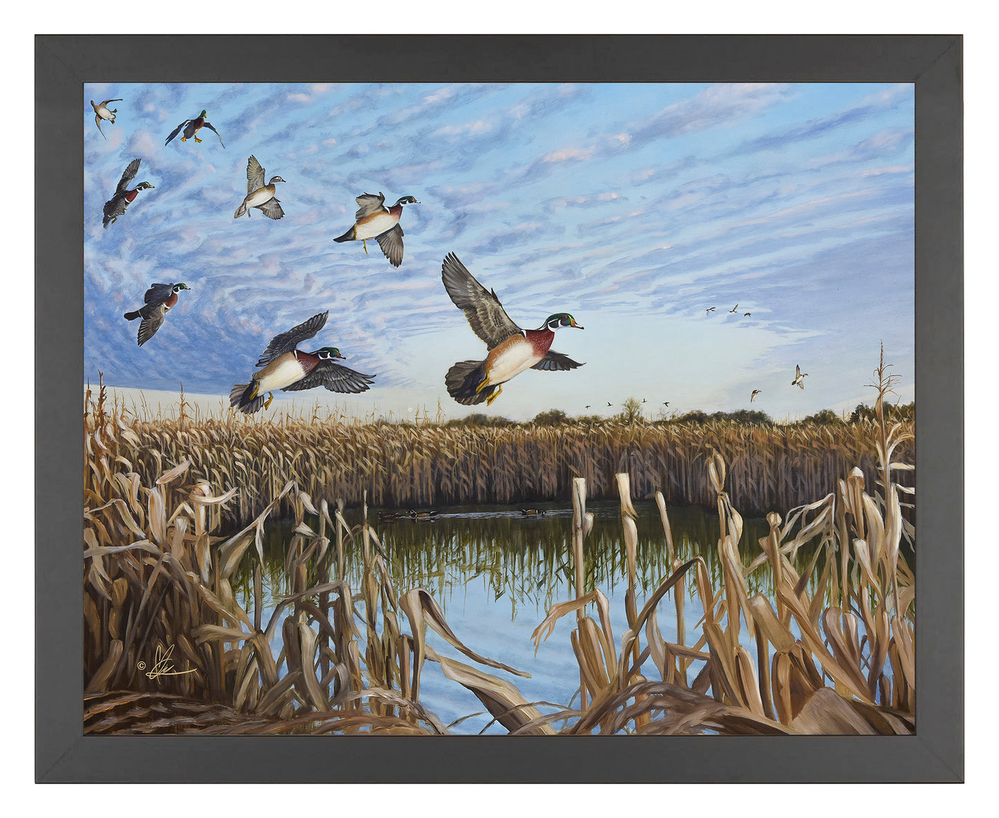Framed painting with flying birds