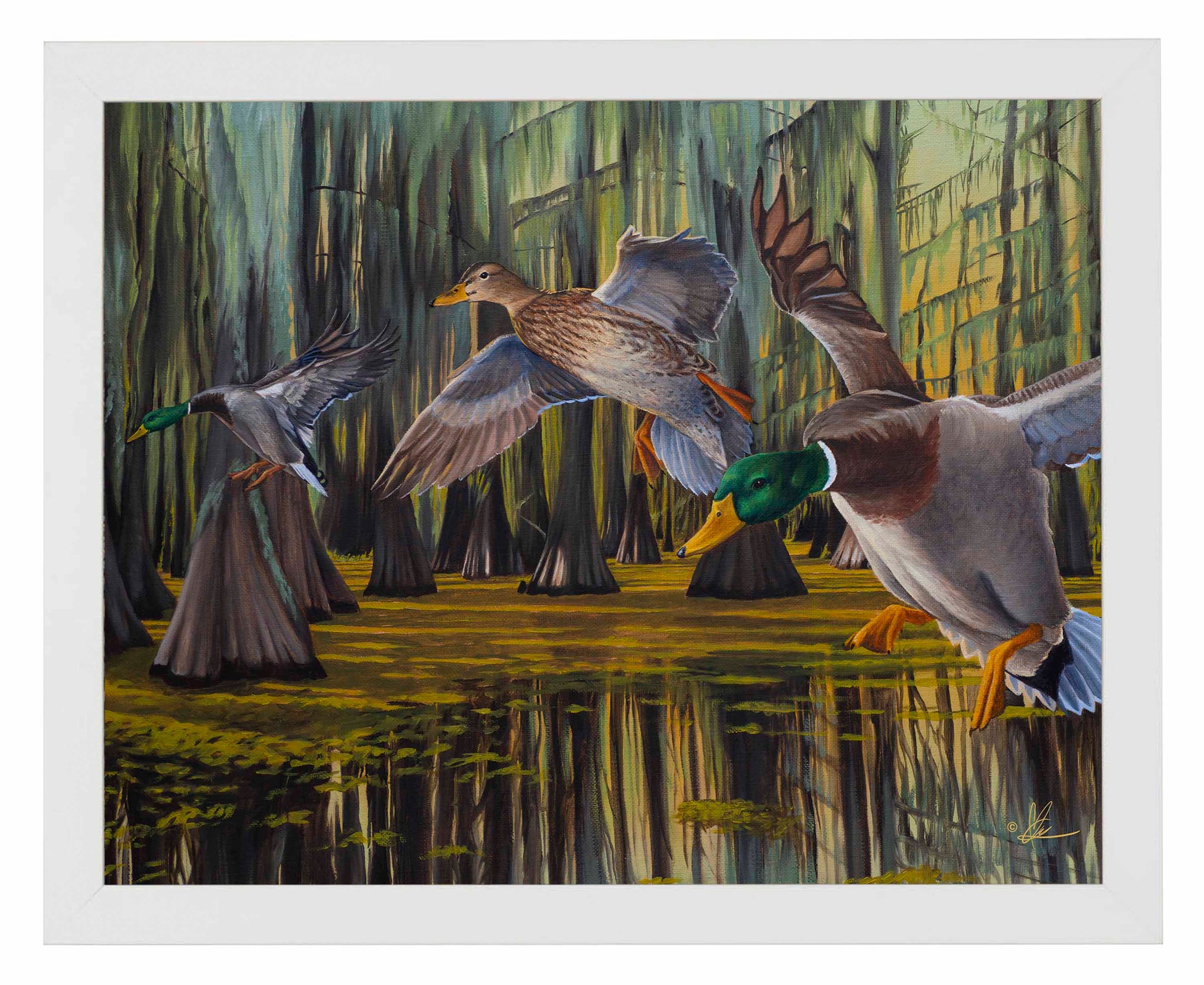 Framed painting of flying birds over the water