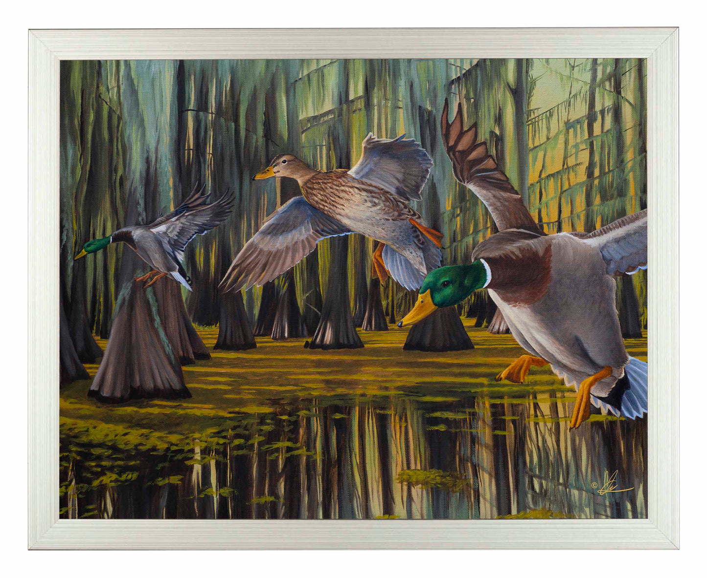 Framed painting of flying birds over the water