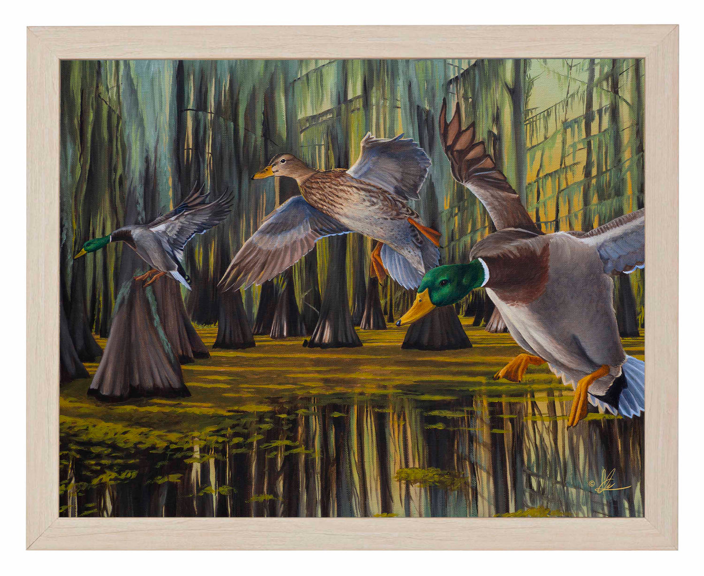 Framed painting of flying birds over the water