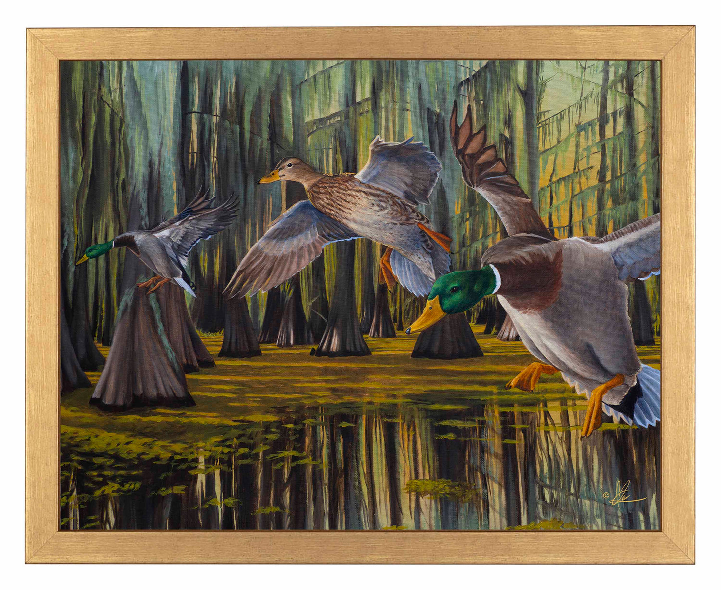 Framed painting of flying birds over the water