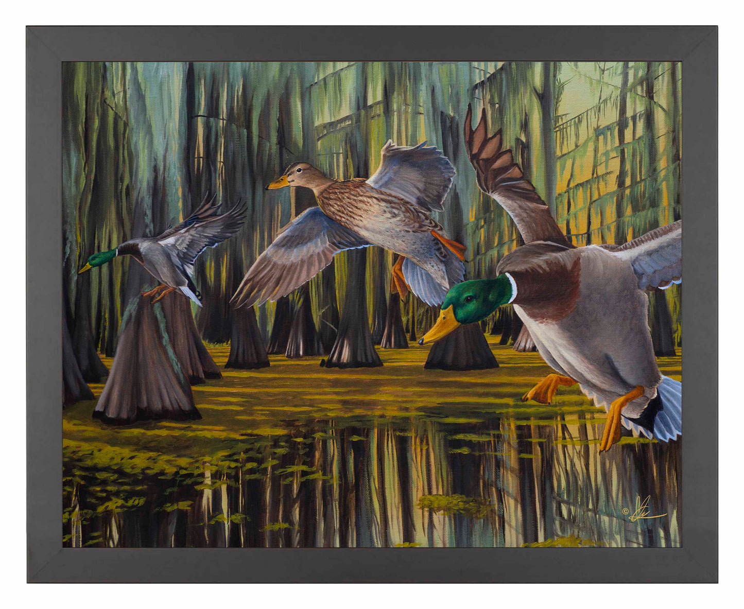 Framed painting of flying birds over the water
