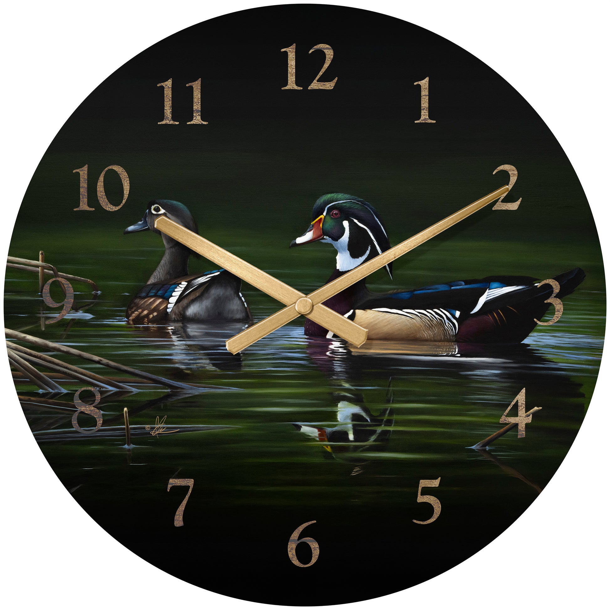 Round clock with two ducks in the water painting