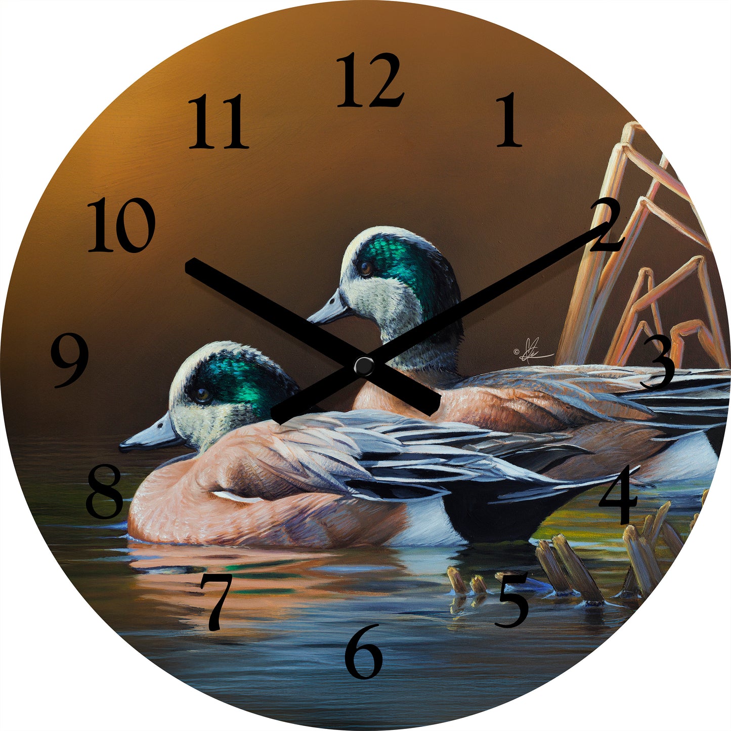 Round clock with two ducks in the river