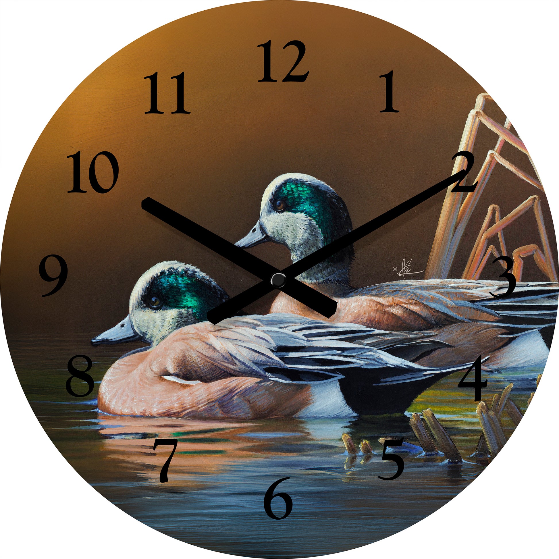 Round clock with two ducks in the river