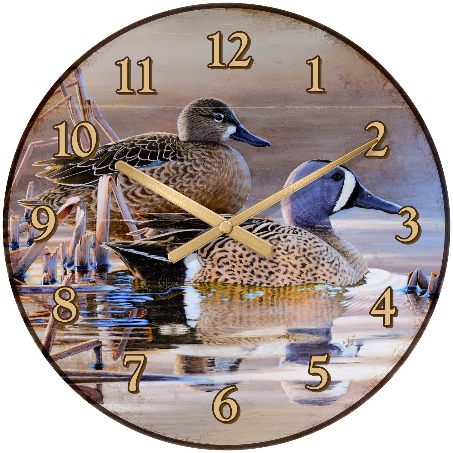 Round clock with two ducks in the river
