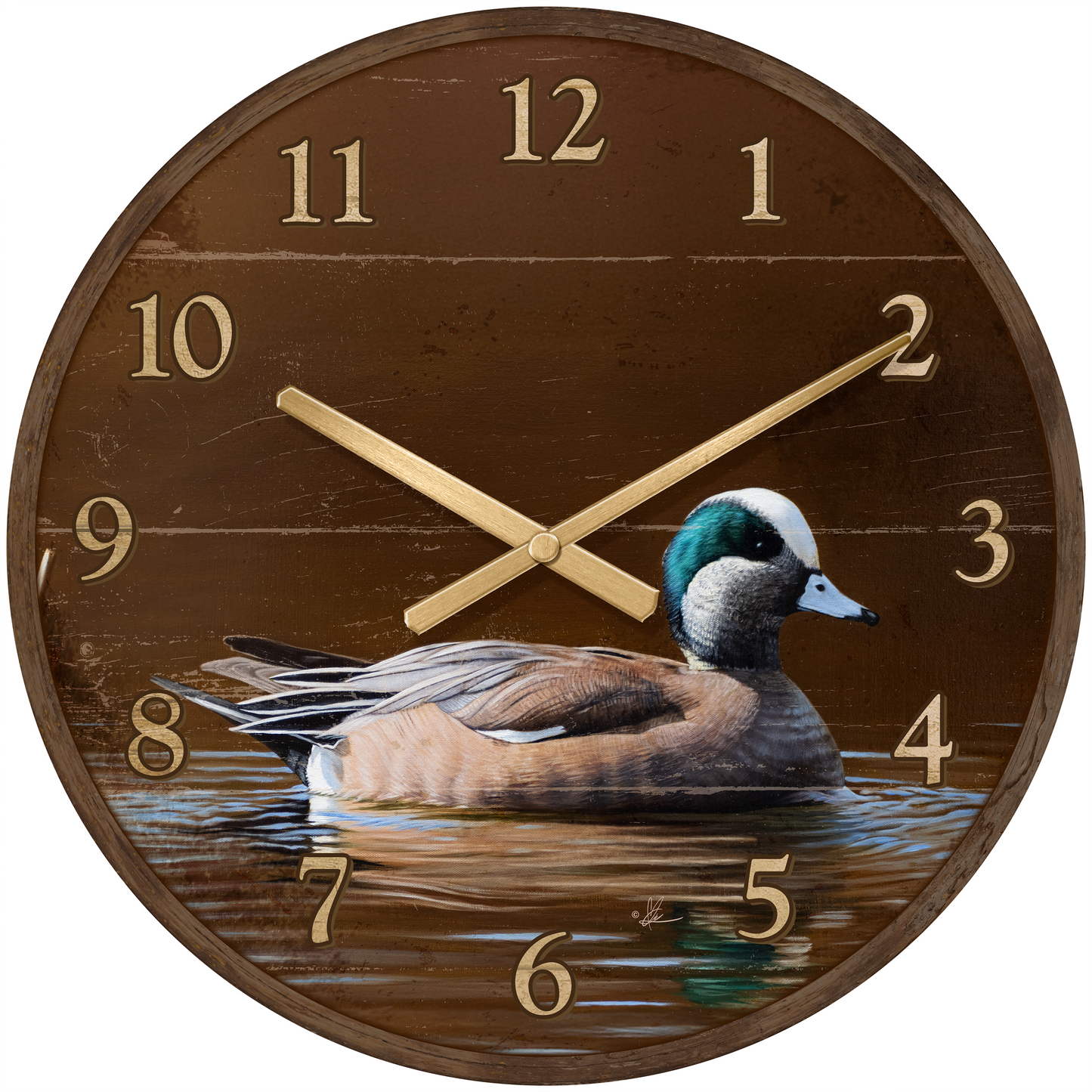 Round clock with a duck painting