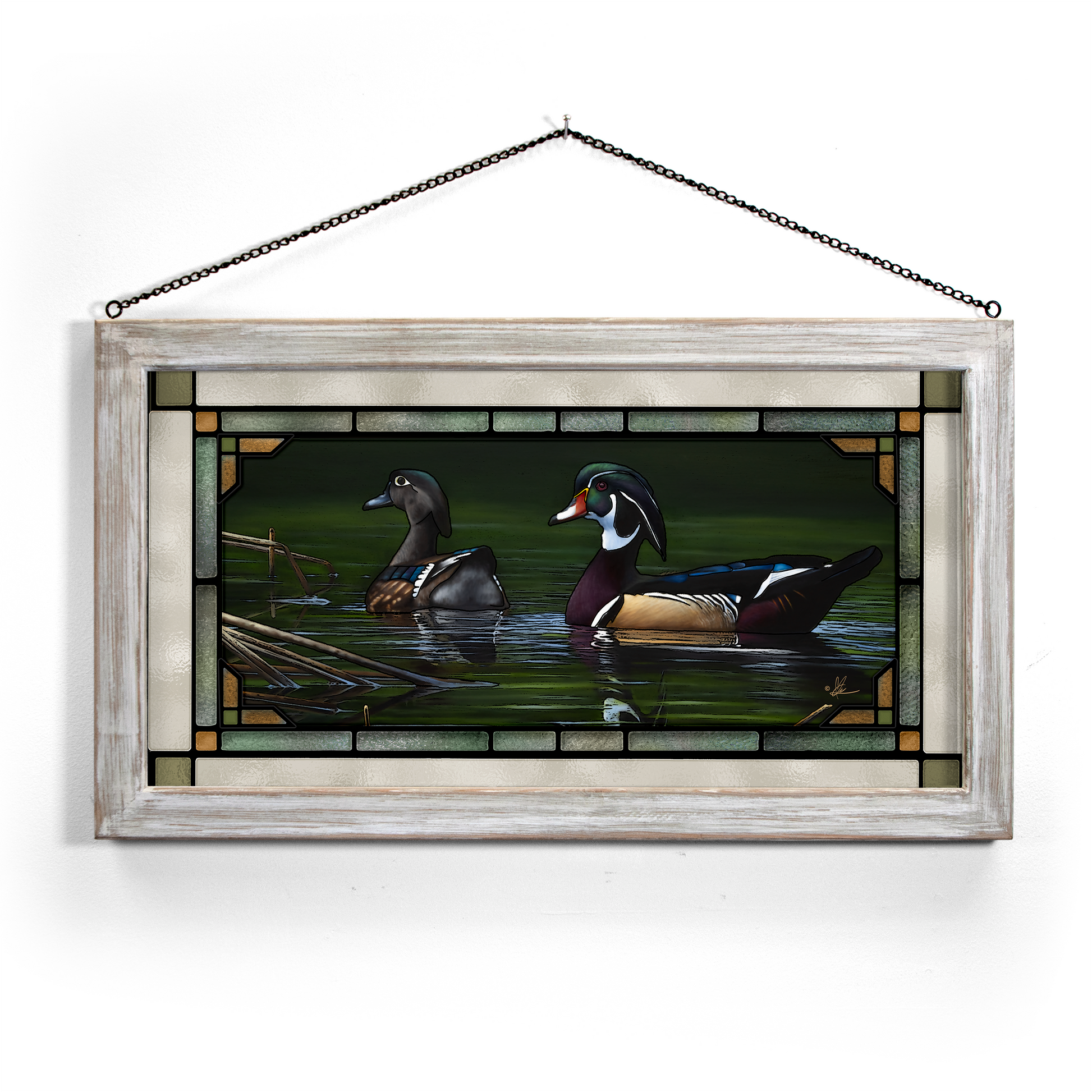 Framed painting with birds in the river