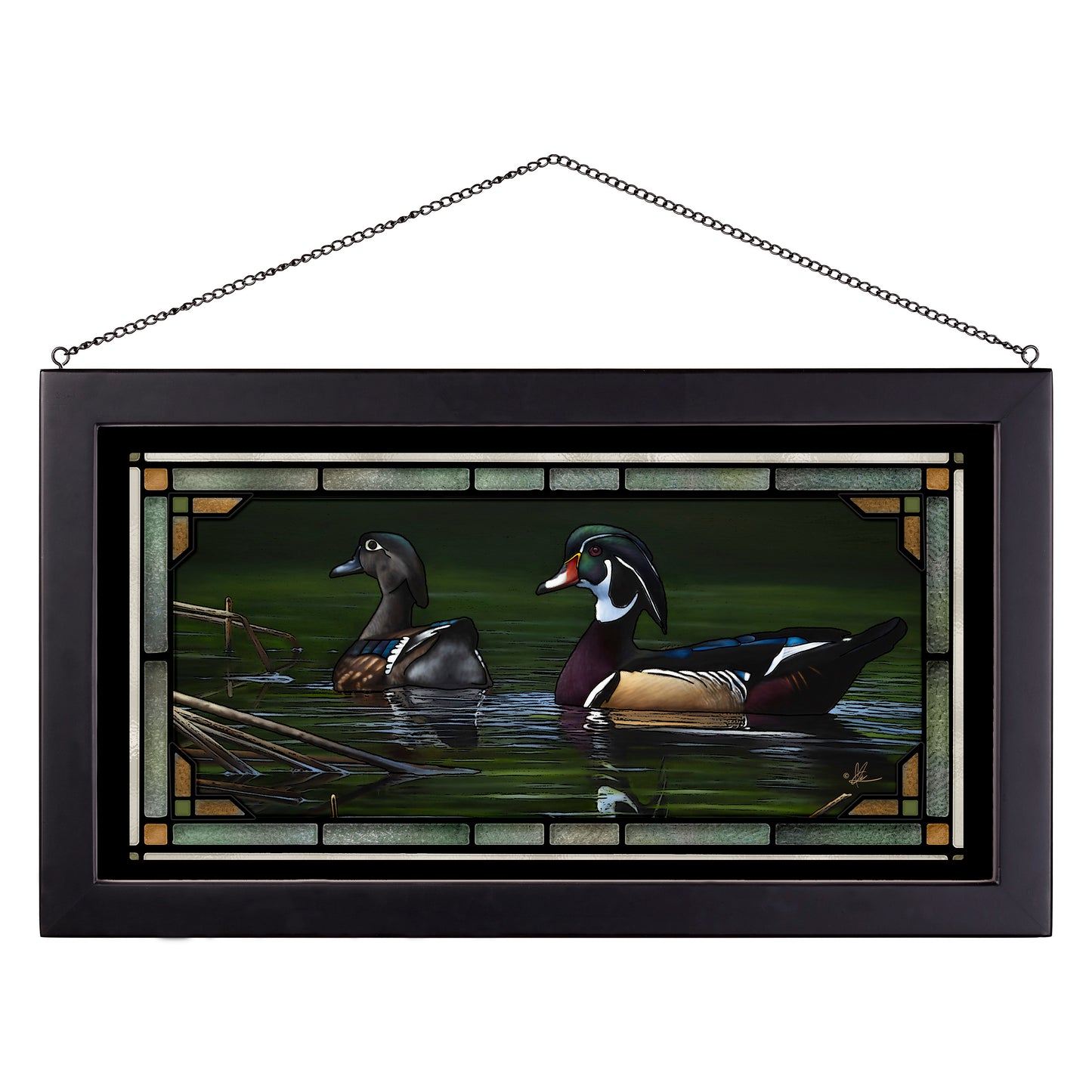 Framed painting with birds in the river