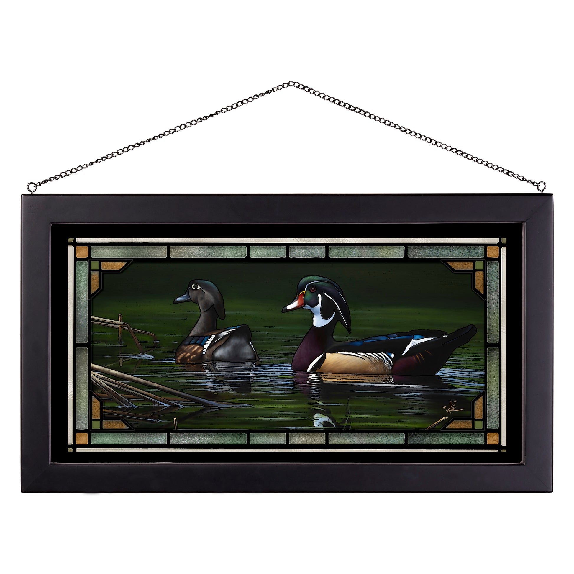 Framed painting with birds in the river