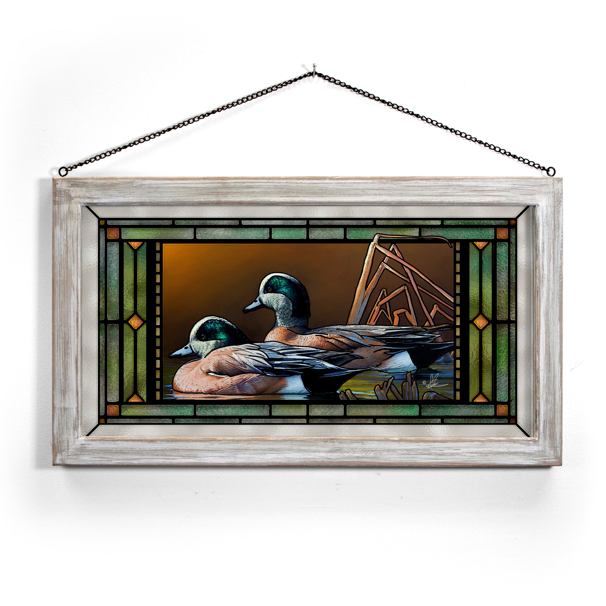 Framed painting with two ducks in the river