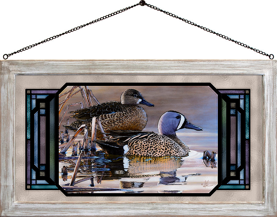 Framed painting with two ducks in the river
