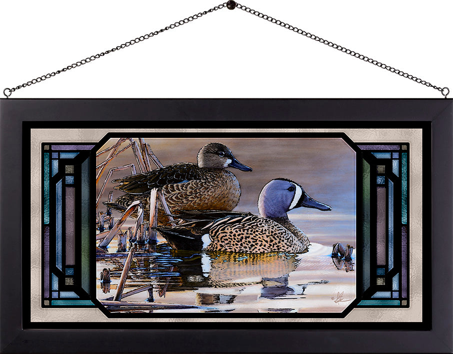 Framed painting with two ducks in the river