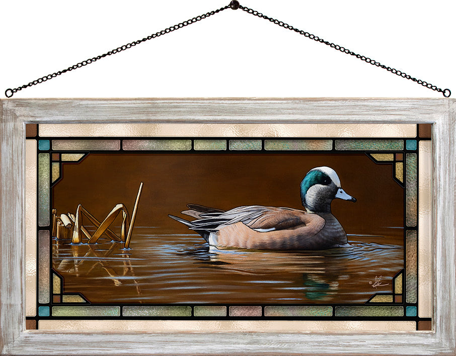 Framed painting of a swimming duck in the river