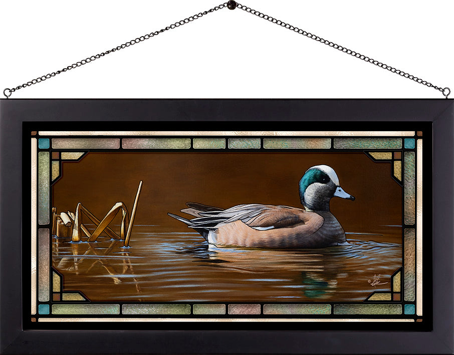 Framed painting of a swimming duck in the river