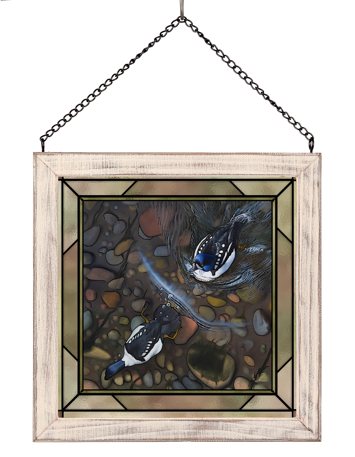 Framed painting with a duck in the river 