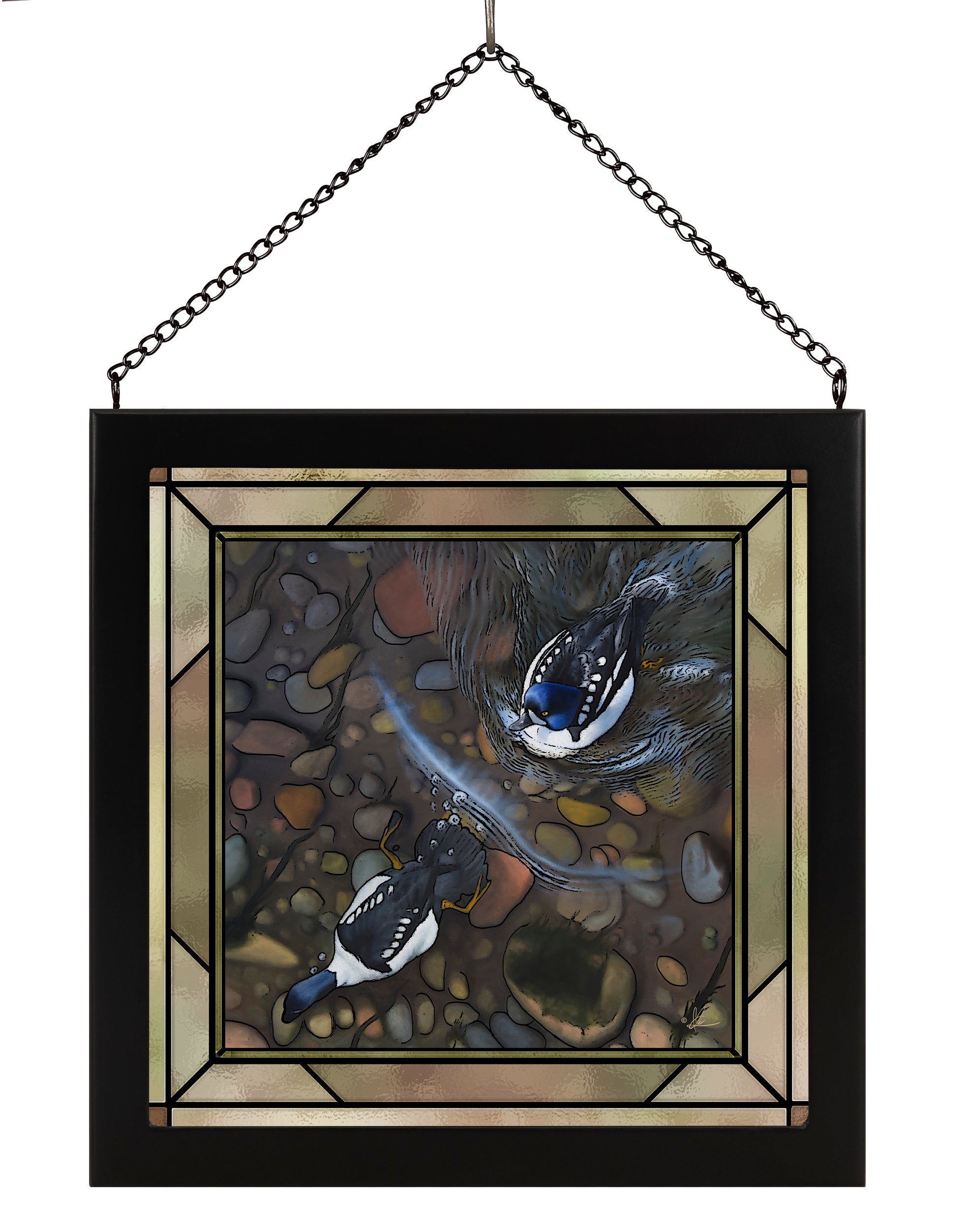 Framed painting with a duck in the river 