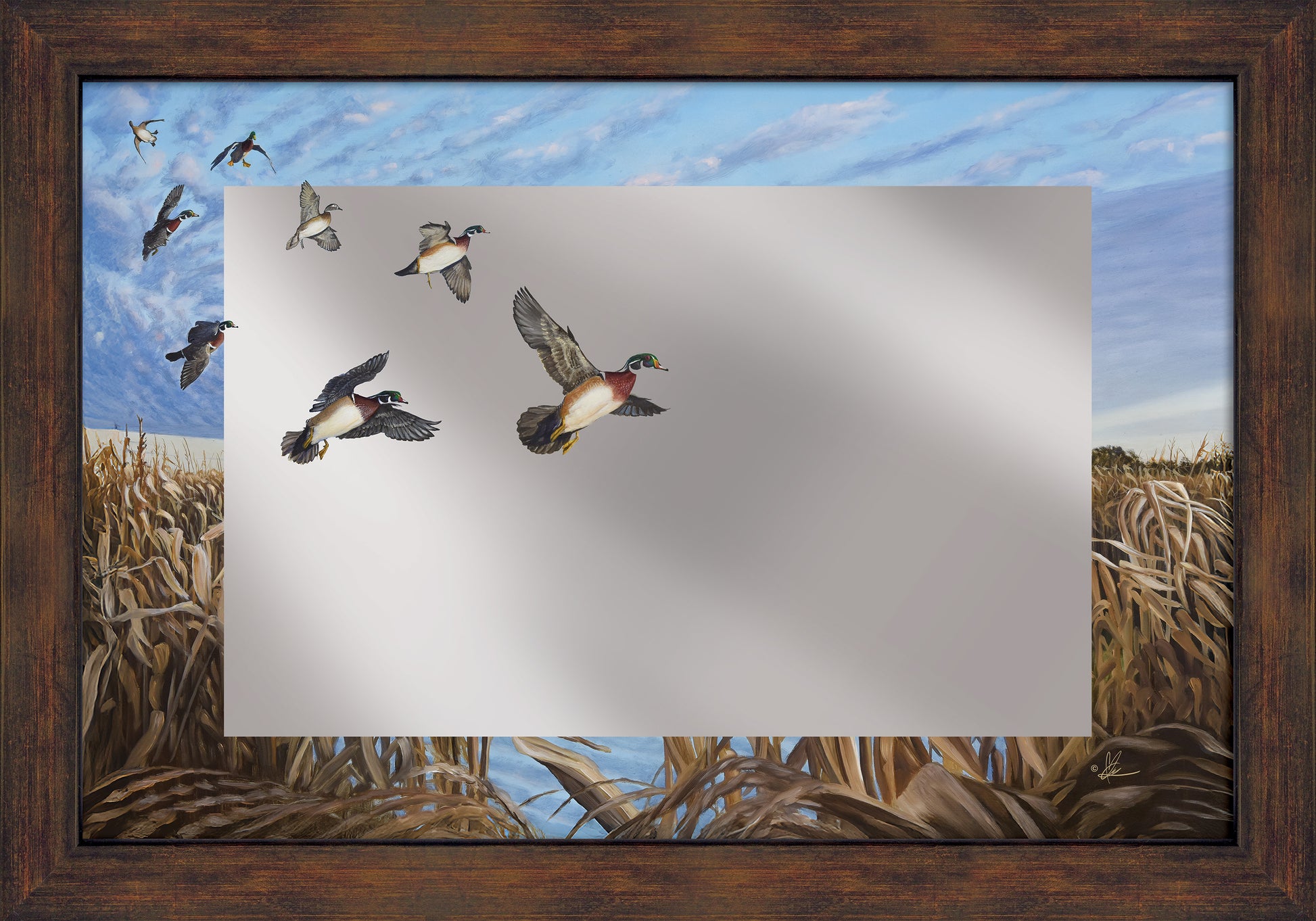 Framed mirror with flying birds