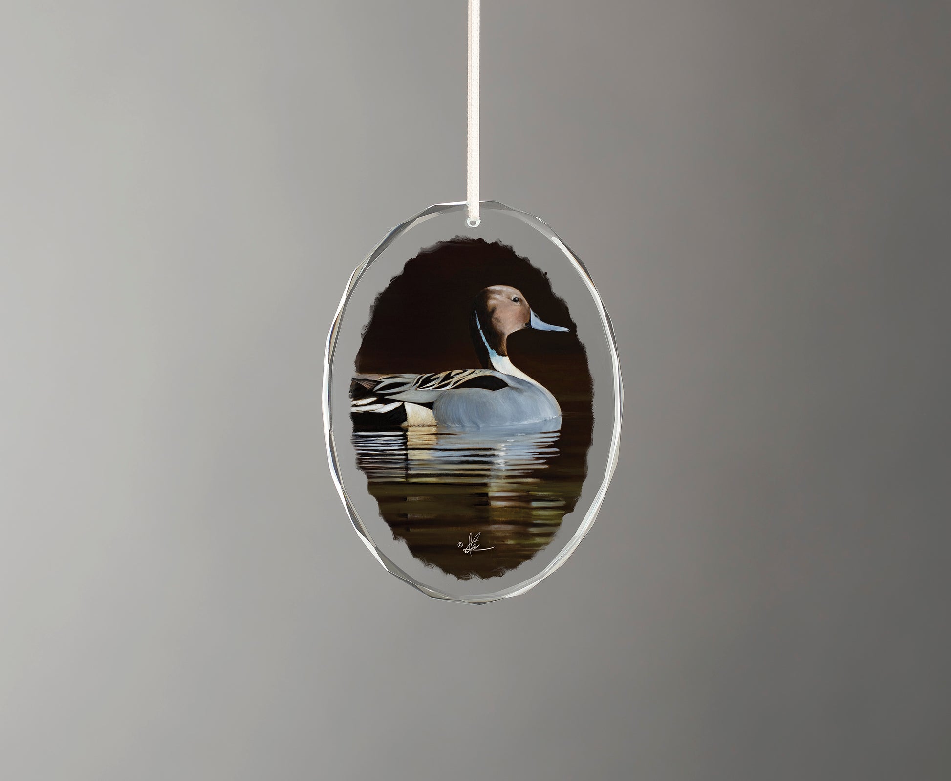 Glass ornament with a duck in the water painting