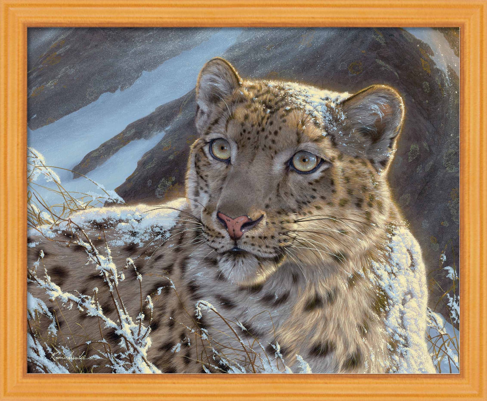 Framed painting of a leopard in the snow