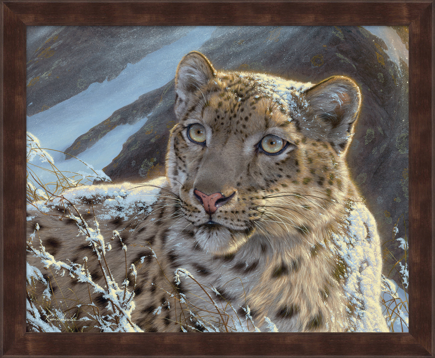 Framed painting of a leopard in the snow