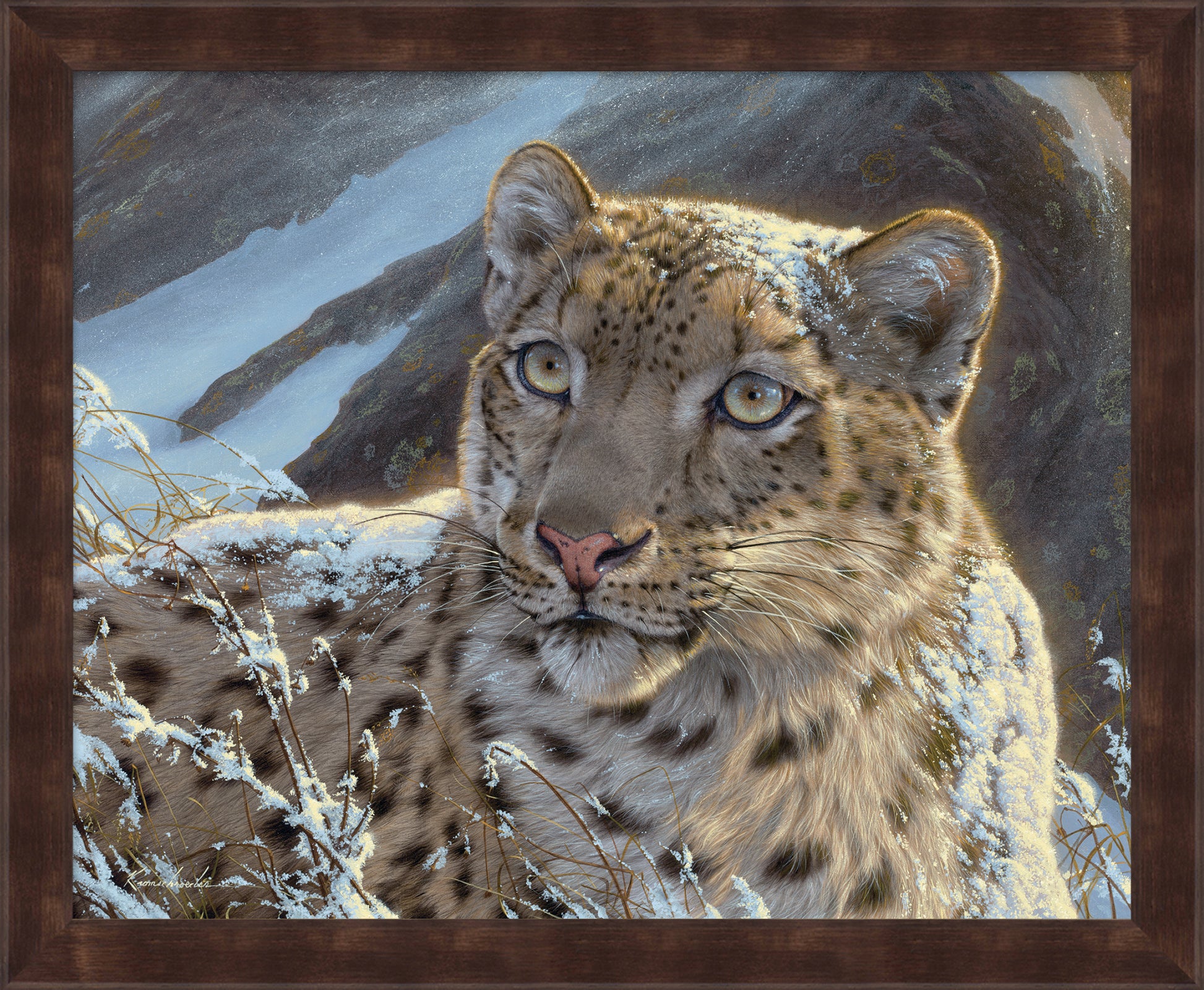 Framed painting of a leopard in the snow