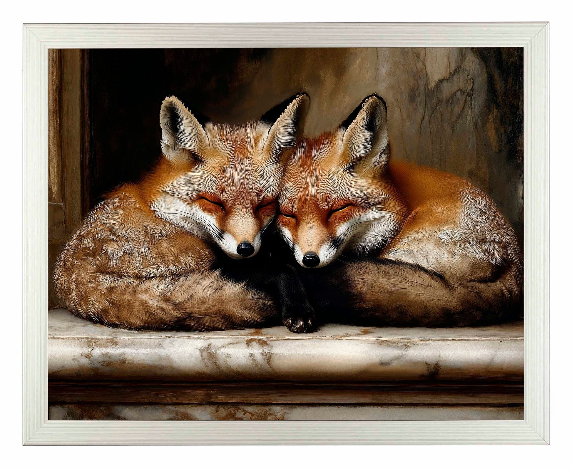 Framed painting of two foxes cuddling 