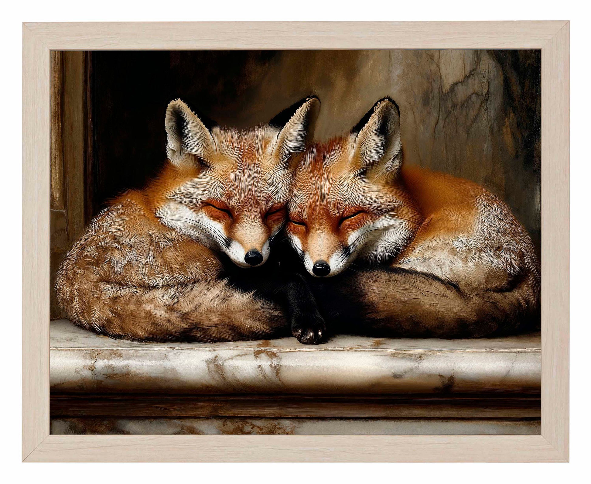 Framed painting of two foxes cuddling 