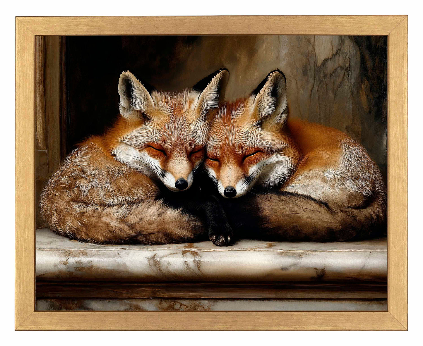 Framed painting of two foxes cuddling 