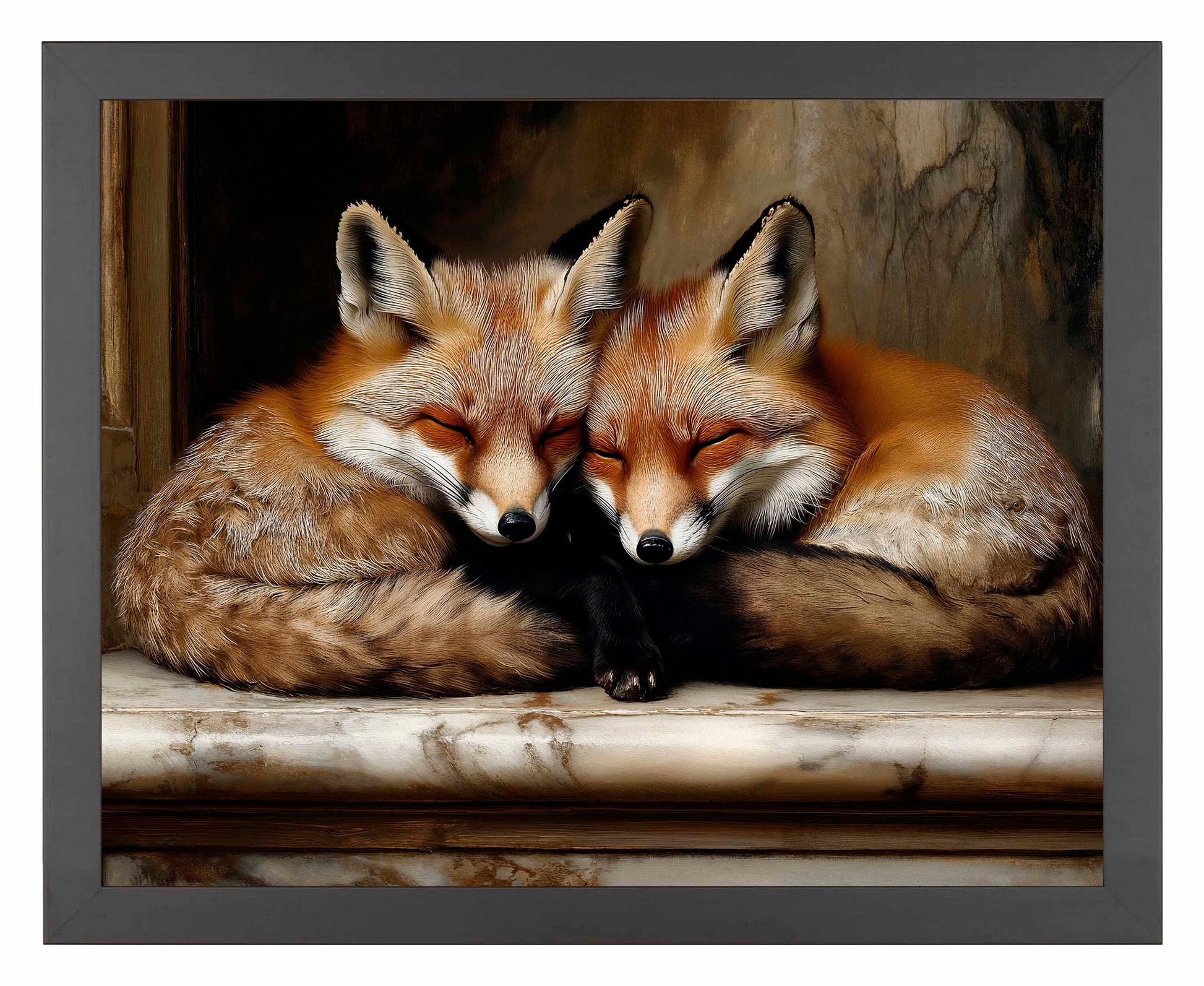 Framed painting of two foxes cuddling 