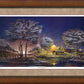 Framed painting of early morning with trees