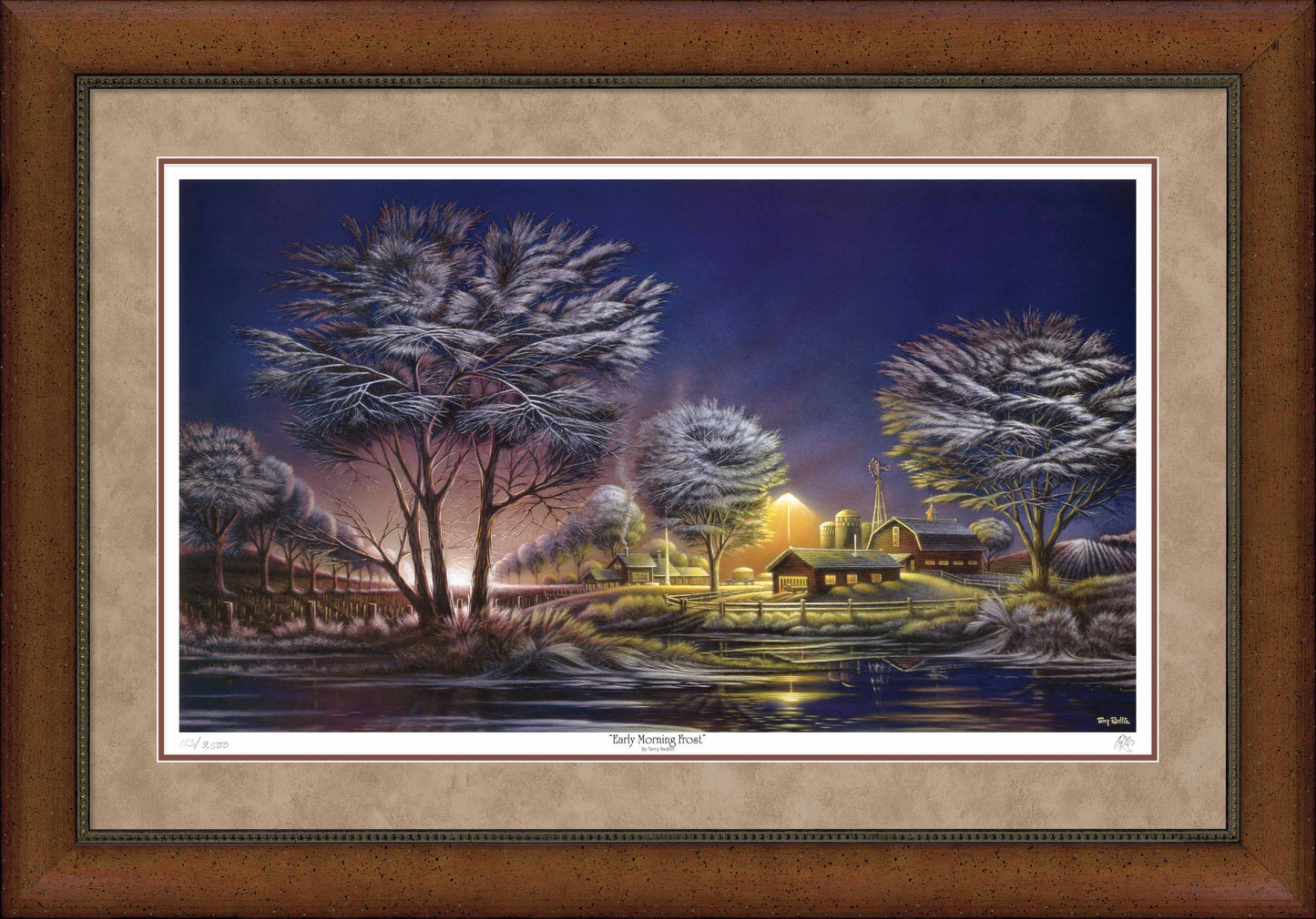 Framed painting of early morning with trees