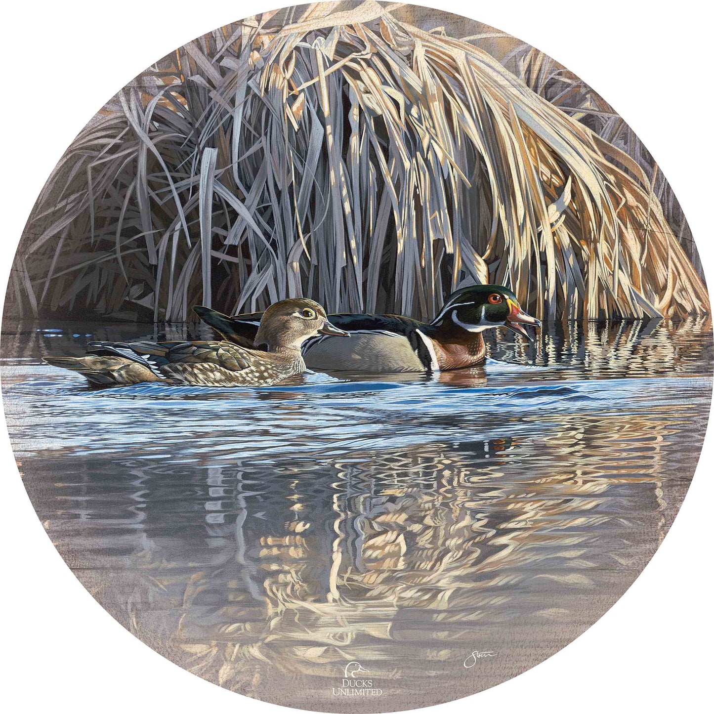 Backwater Gathering 21" Round Wood Sign - Official Ducks Unlimited Art