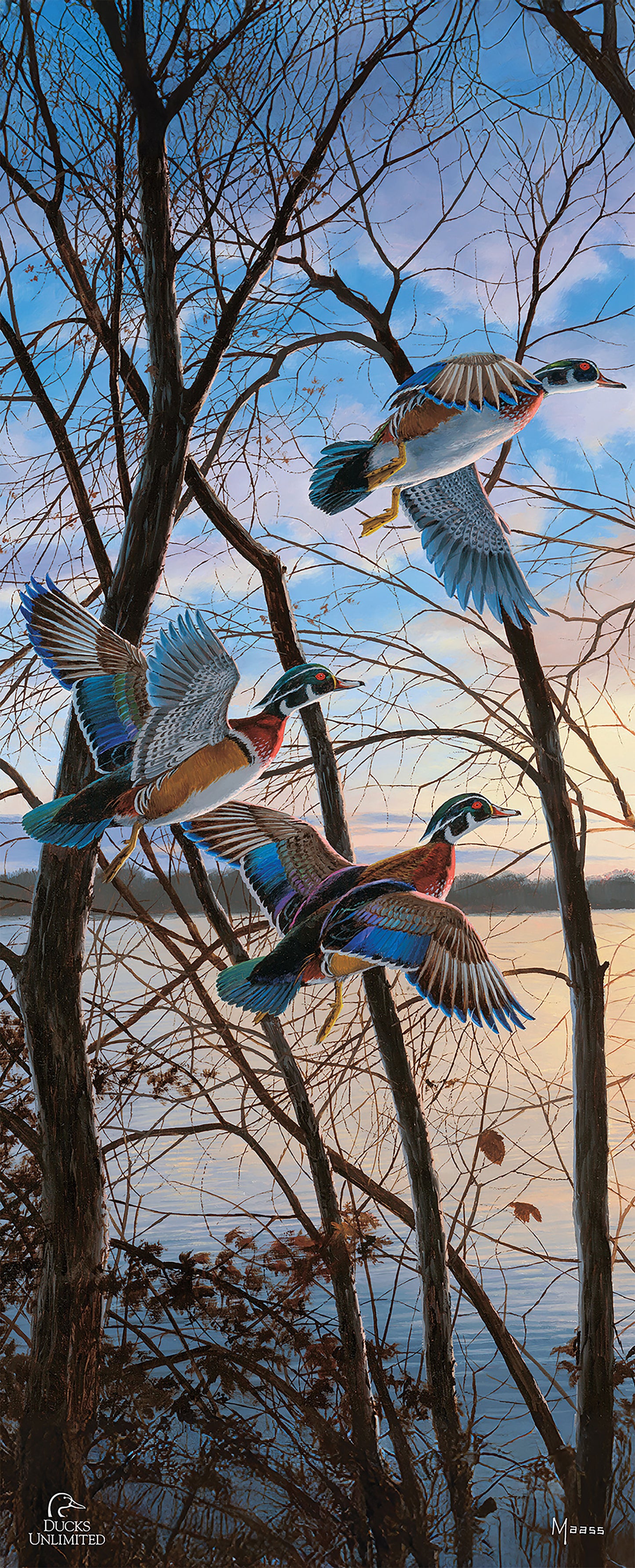Evening Flight  Wood Ducks 12" x 30" Wood Sign - Official Ducks Unlimited Art