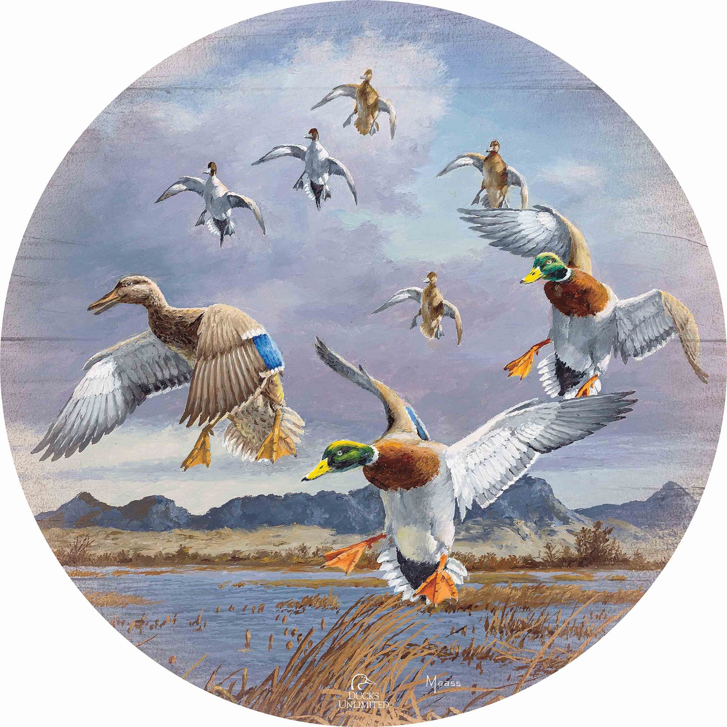 In Before the Squall - Mallards and Pintails at the Sutter Buttes 21" Round Wood Sign - Official Ducks Unlimited Art